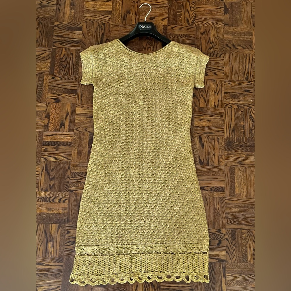Prada Gold Metallic Crochet Knit Lace-Up Dress – Scalloped Hem